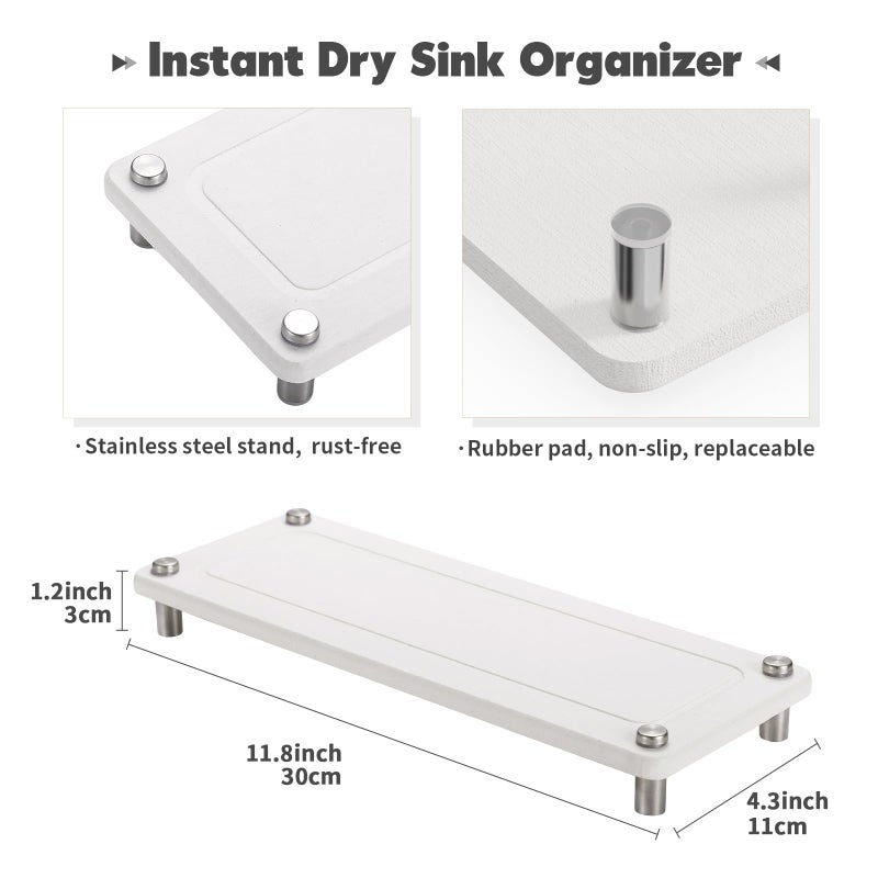 Johamoo Fast Drying Stone Sink Tray  Bathroom Instant Dry Sink Organizer  Diatomaceous Earth Water Absorbing Stone Tray for Kitchen Counter  White - Image 3